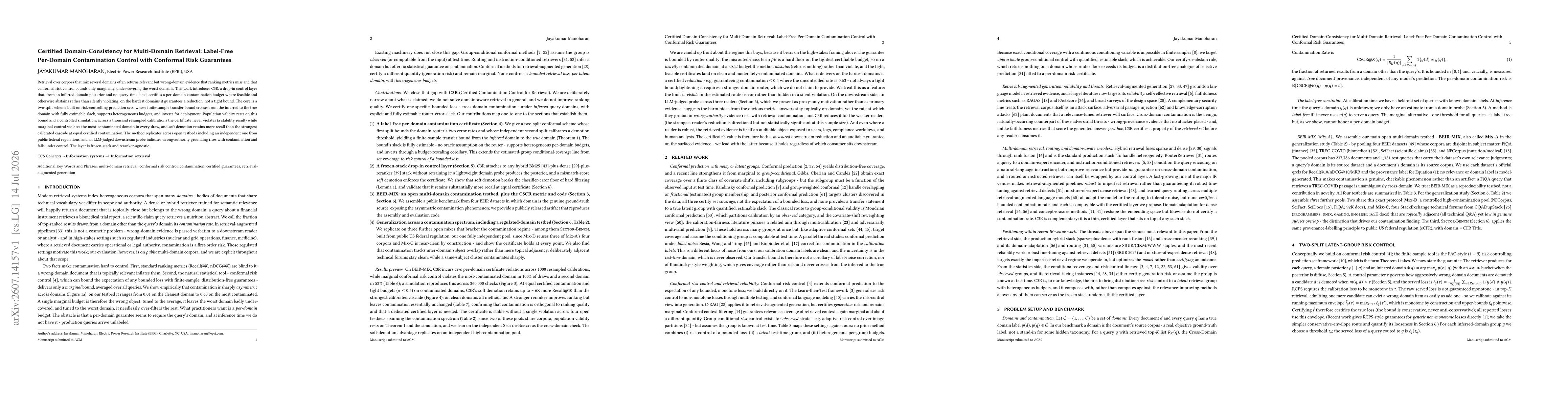 Thumbnail for Certified Domain Consistency for Multi-Domain Retrieval: Label-Free Per-Domain Contamination Control with Conformal Risk Guarantees