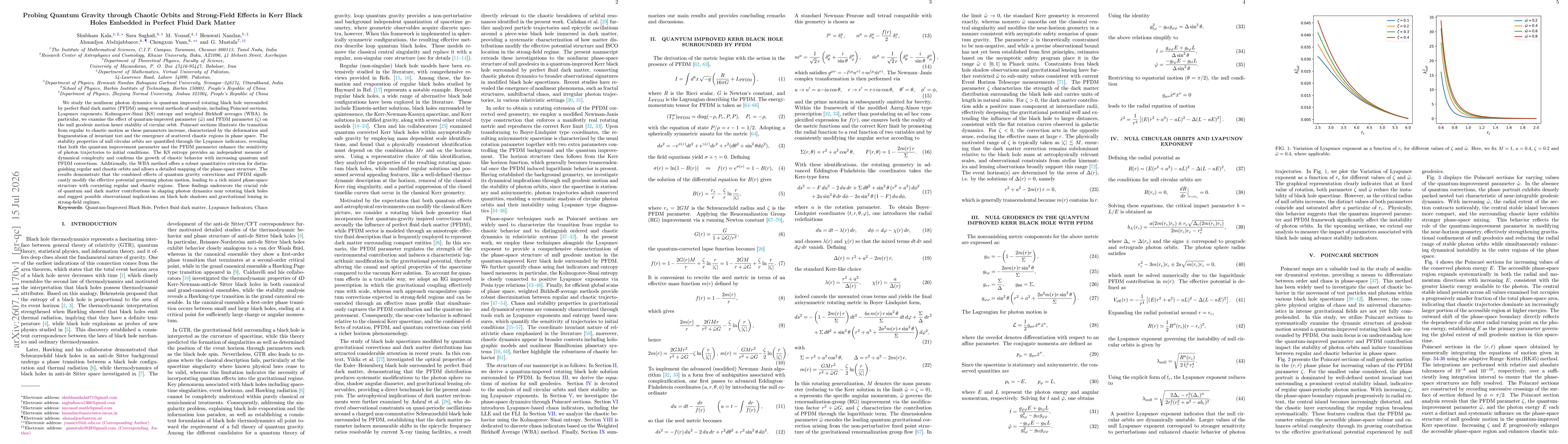 Thumbnail for Probing Quantum Gravity through Chaotic Orbits and Strong-Field Effects in Kerr Black Holes Embedded in Perfect Fluid Dark Matter