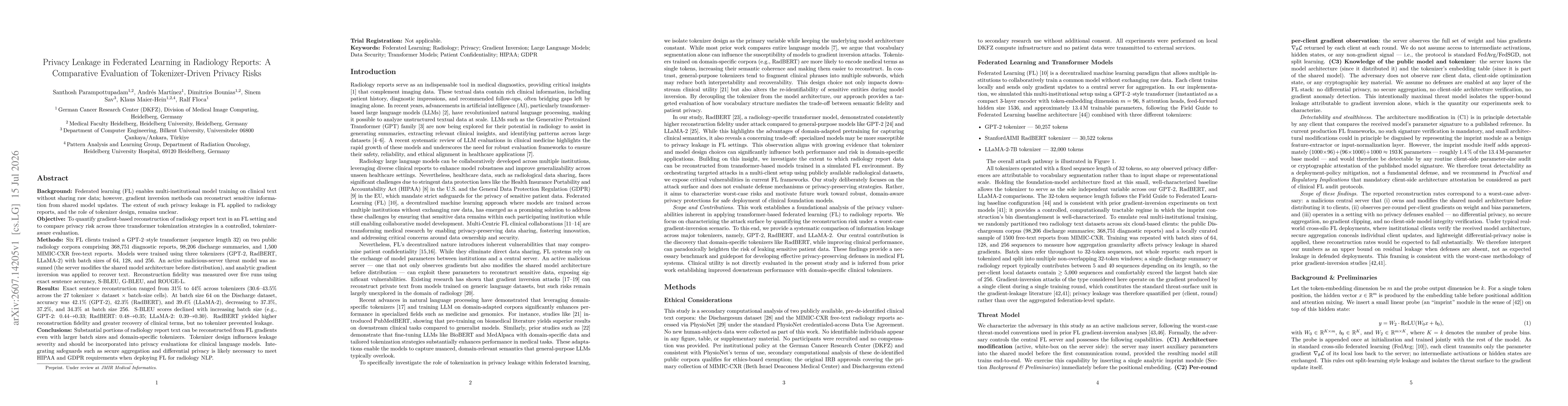 Thumbnail for Privacy Leakage in Federated Learning in Radiology Reports: A Comparative Evaluation of Tokenizer-Driven Privacy Risks