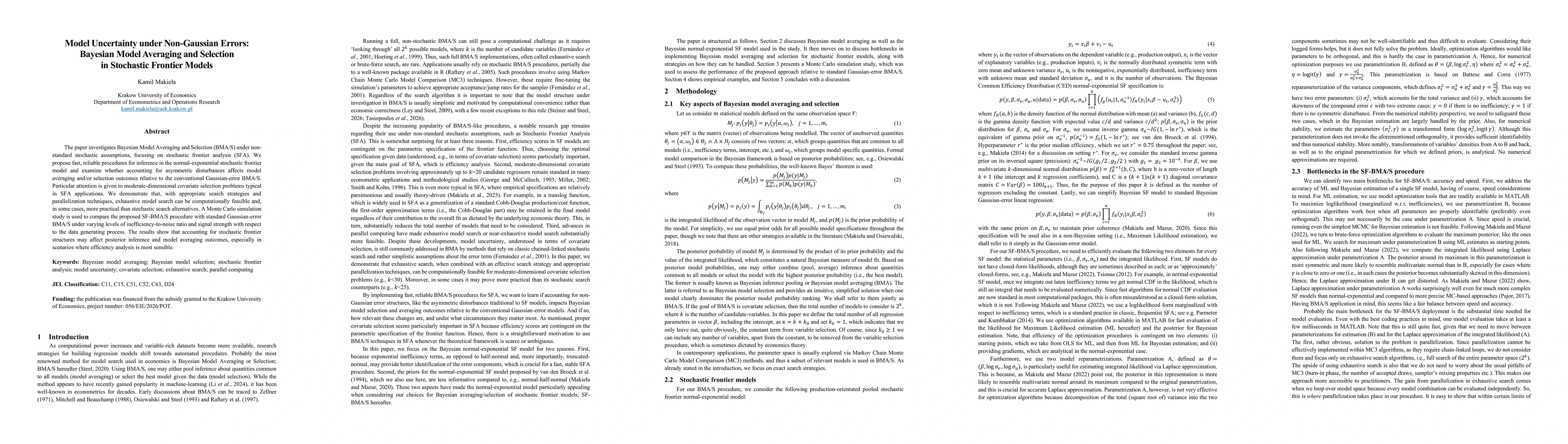 Thumbnail for Model Uncertainty under Non-Gaussian Errors: Bayesian Model Averaging and Selection in Stochastic Frontier Models