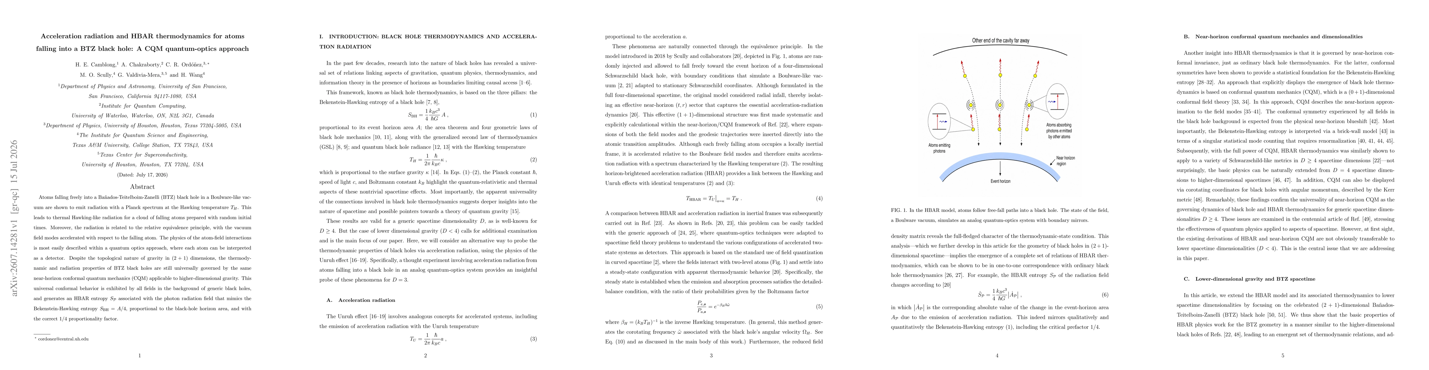 Thumbnail for Acceleration radiation and HBAR thermodynamics for atoms falling into a BTZ black hole: A CQM quantum-optics approach