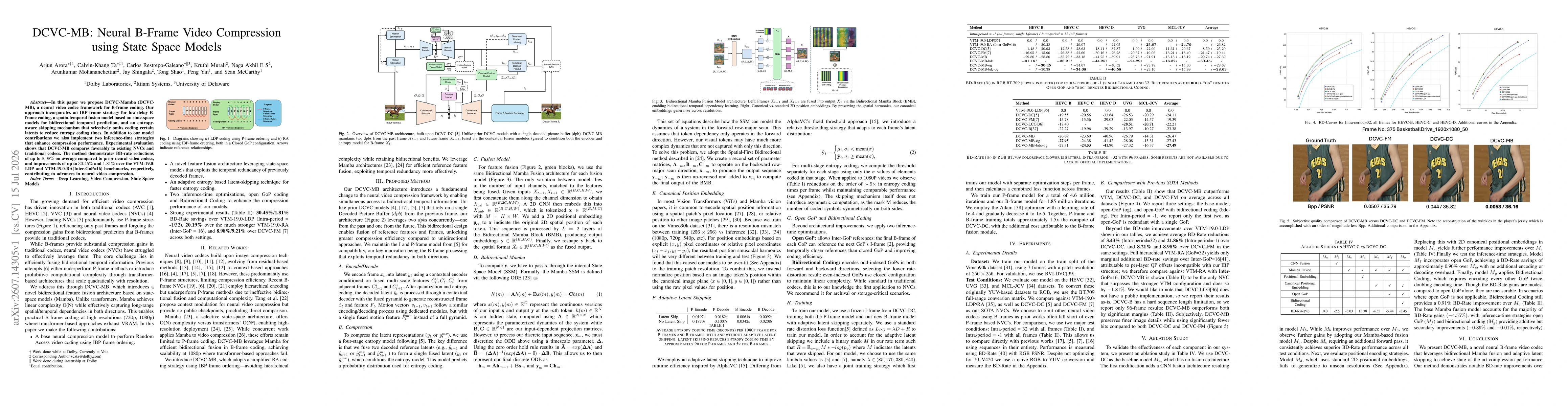 Thumbnail for DCVC-MB: Neural B-Frame Video Compression using State Space Models