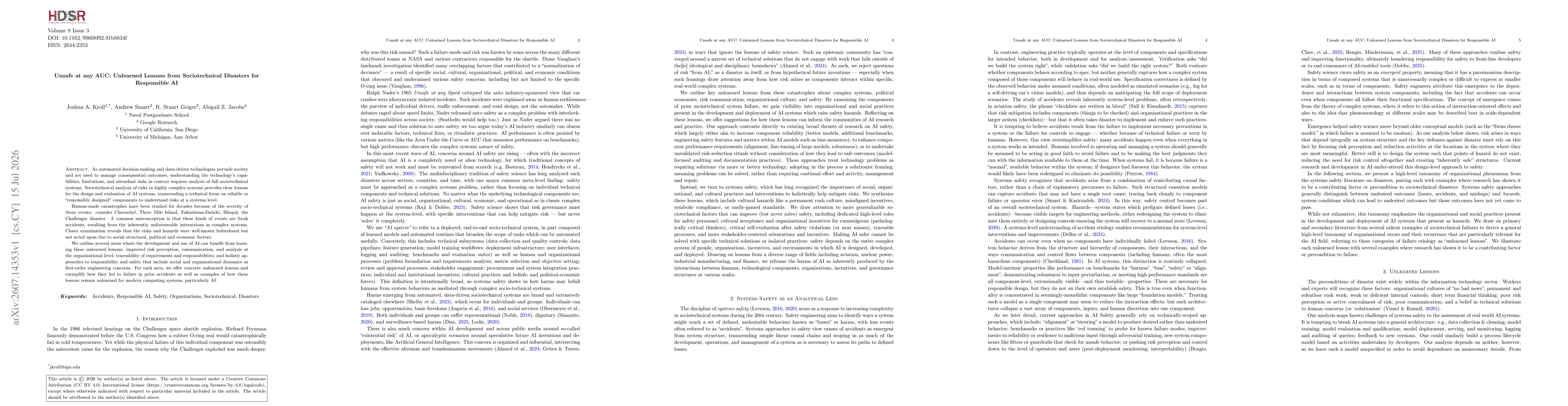 Thumbnail for Unsafe at any AUC: Unlearned Lessons from Sociotechnical Disasters for Responsible AI