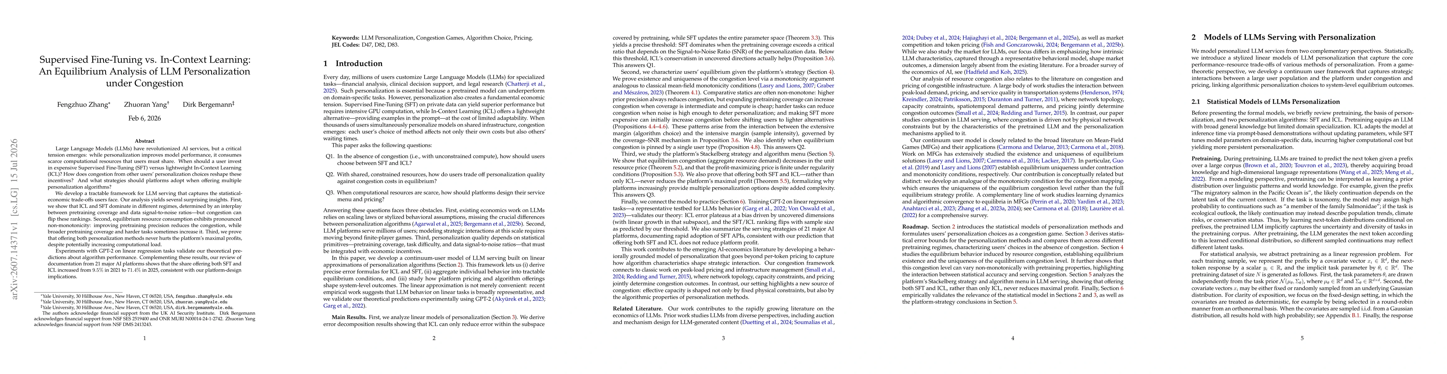 Thumbnail for Supervised Fine-Tuning vs. In-Context Learning: An Equilibrium Analysis of LLM Personalization under Congestion