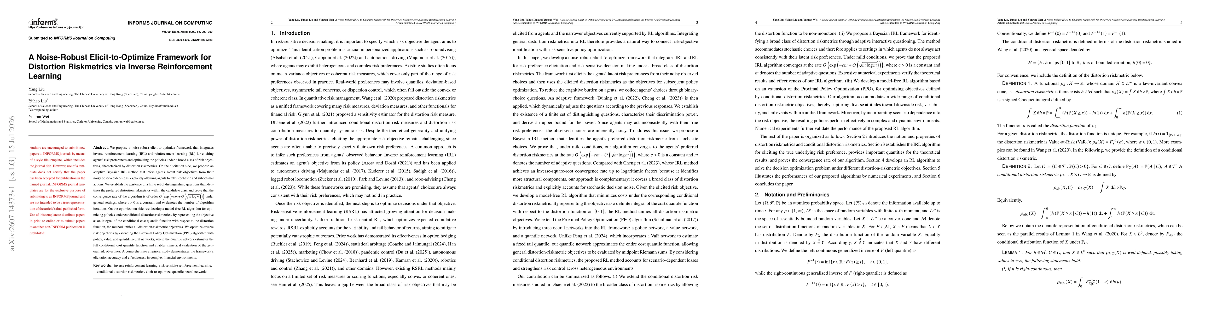 Thumbnail for A Noise-Robust Elicit-to-Optimize Framework for Distortion Riskmetrics via Inverse Reinforcement Learning