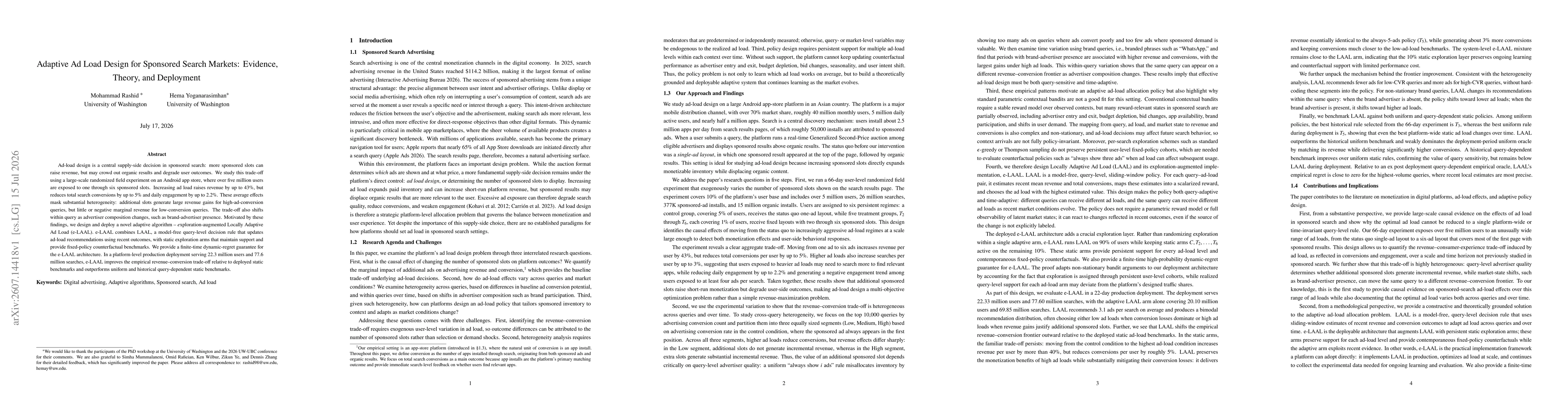Thumbnail for Adaptive Ad Load Design for Sponsored Search Markets: Evidence, Theory, and Deployment