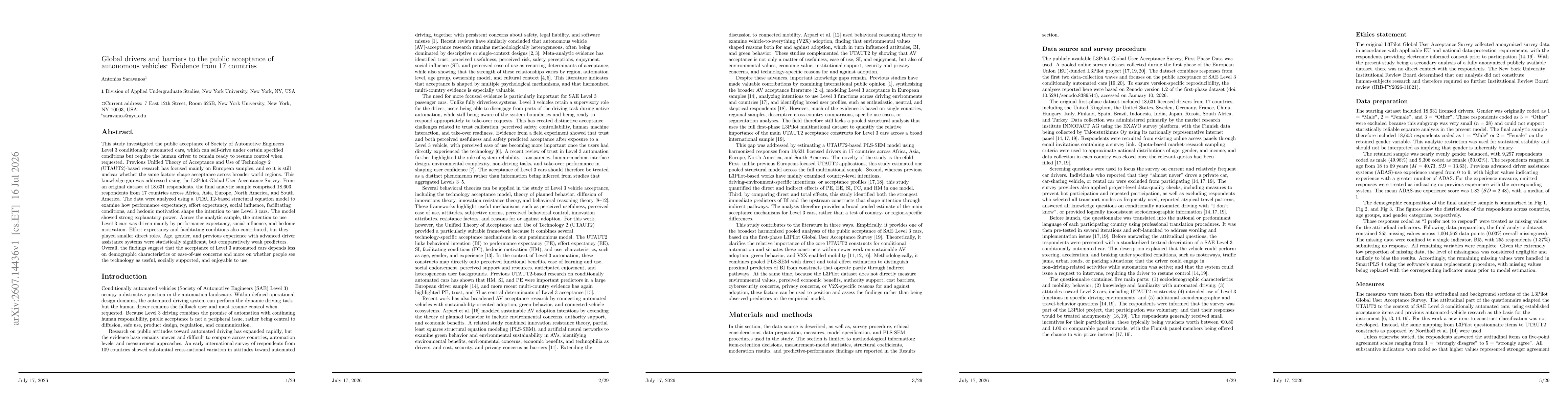 Thumbnail for Global drivers and barriers to the public acceptance of autonomous vehicles: Evidence from 17 countries