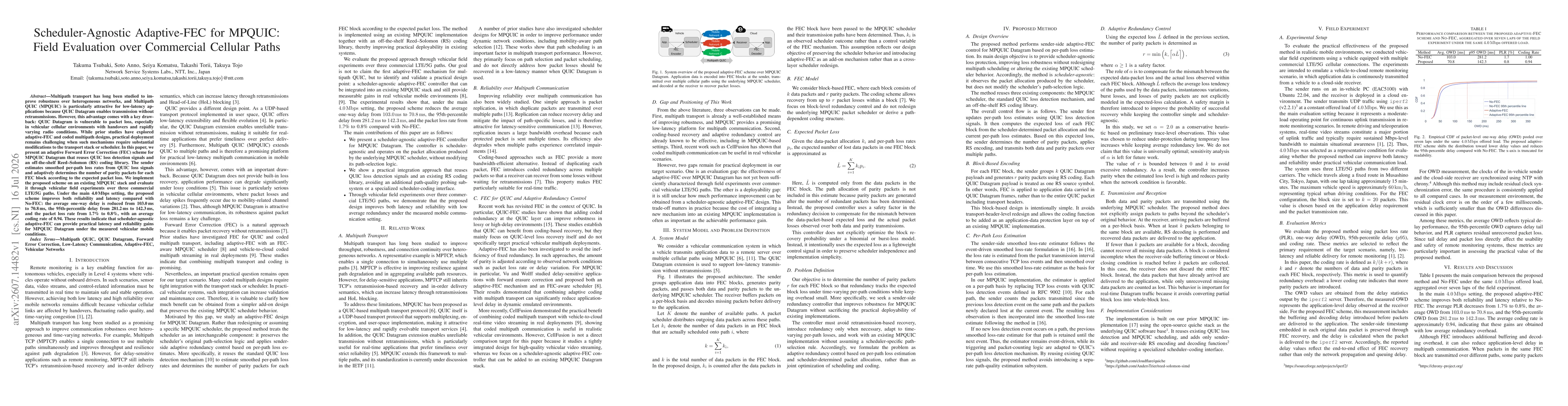 Thumbnail for Scheduler-Agnostic Adaptive-FEC for MPQUIC: Field Evaluation over Commercial Cellular Paths