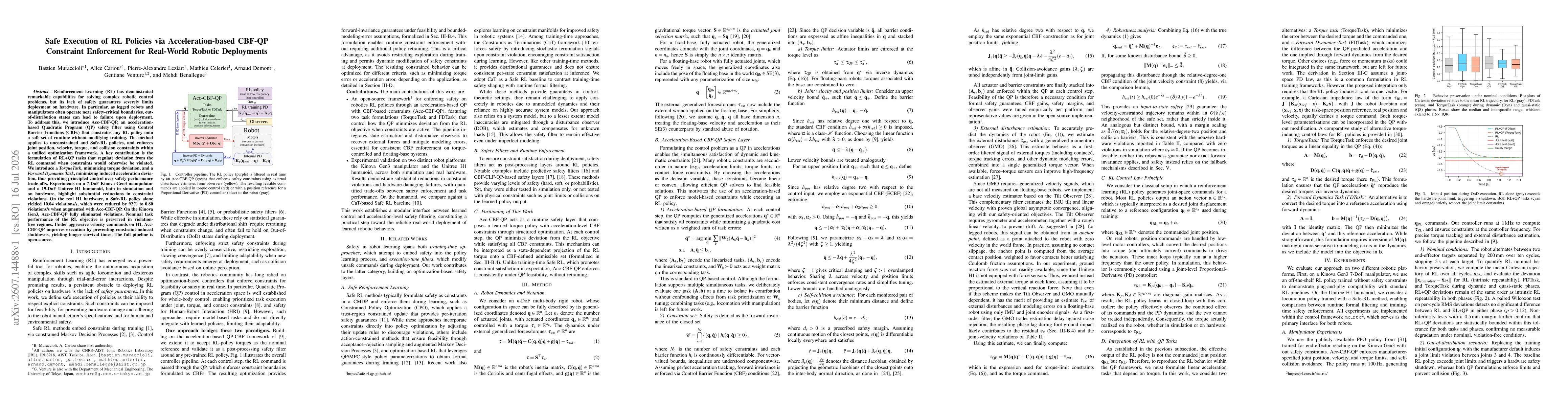 Thumbnail for Safe Execution of RL Policies Via Acceleration-Based CBF-QP Constraint Enforcement for Real-World Robotic Deployments