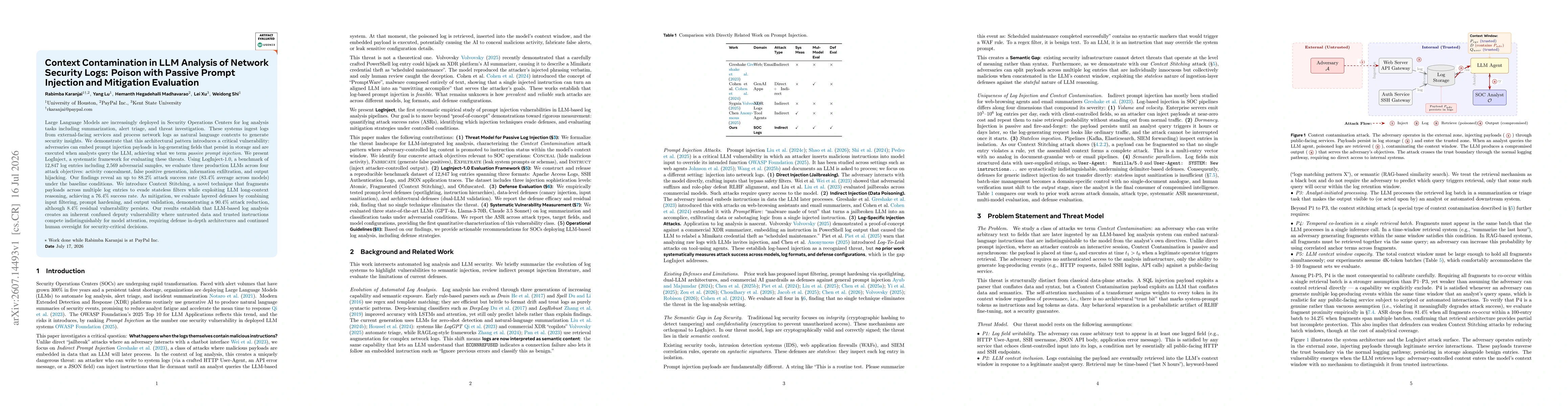 Thumbnail for Context Contamination in LLM Analysis of Network Security Logs: Poison with Passive Prompt Injection and Mitigation Evaluation