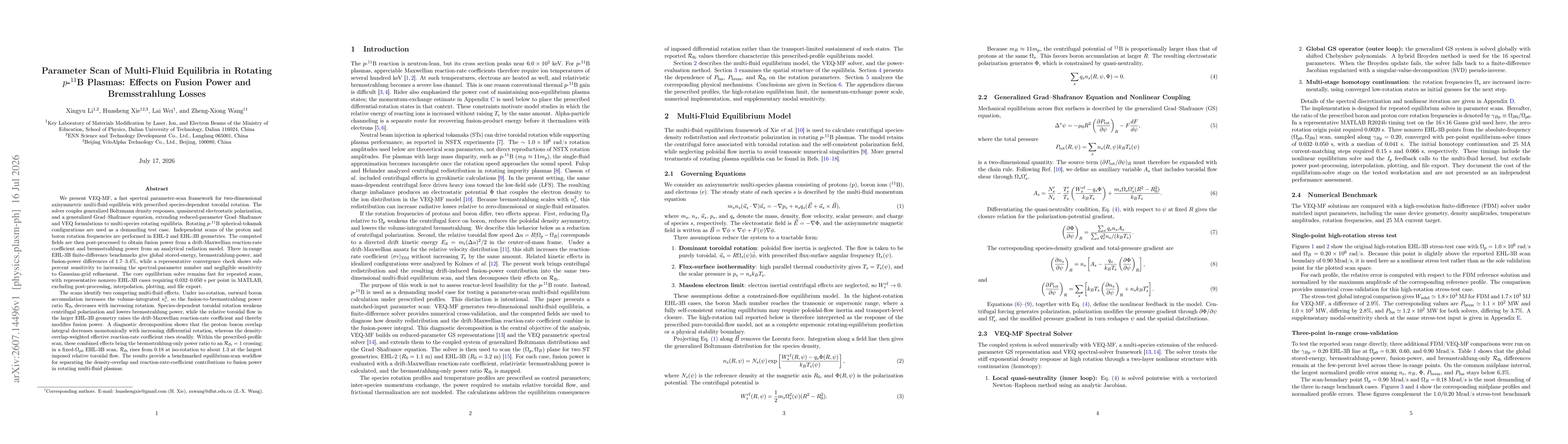 Thumbnail for Parameter Scan of Multi-Fluid Equilibria in Rotating p-11B Plasmas: Effects on Fusion Power and Bremsstrahlung Losses