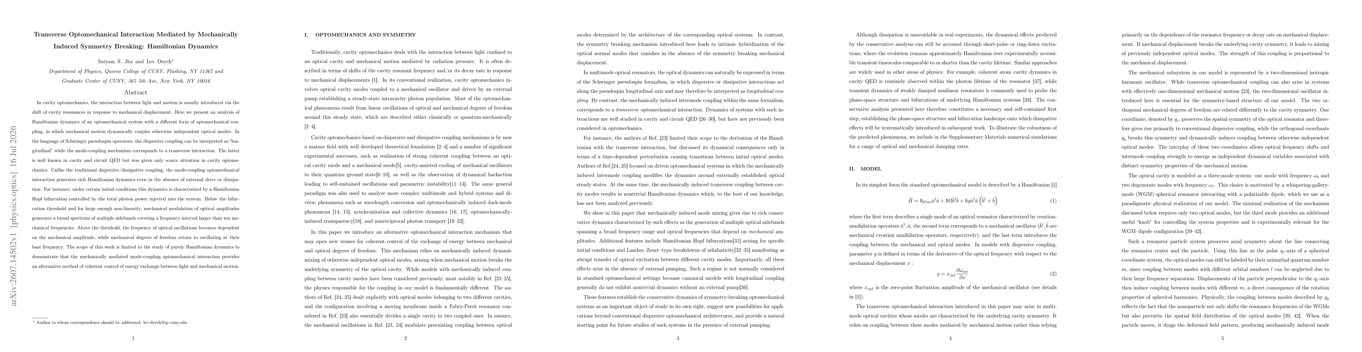 Thumbnail for Transverse Optomechanical Interaction Mediated by Mechanically Induced Symmetry Breaking: Hamiltonian Dynamics