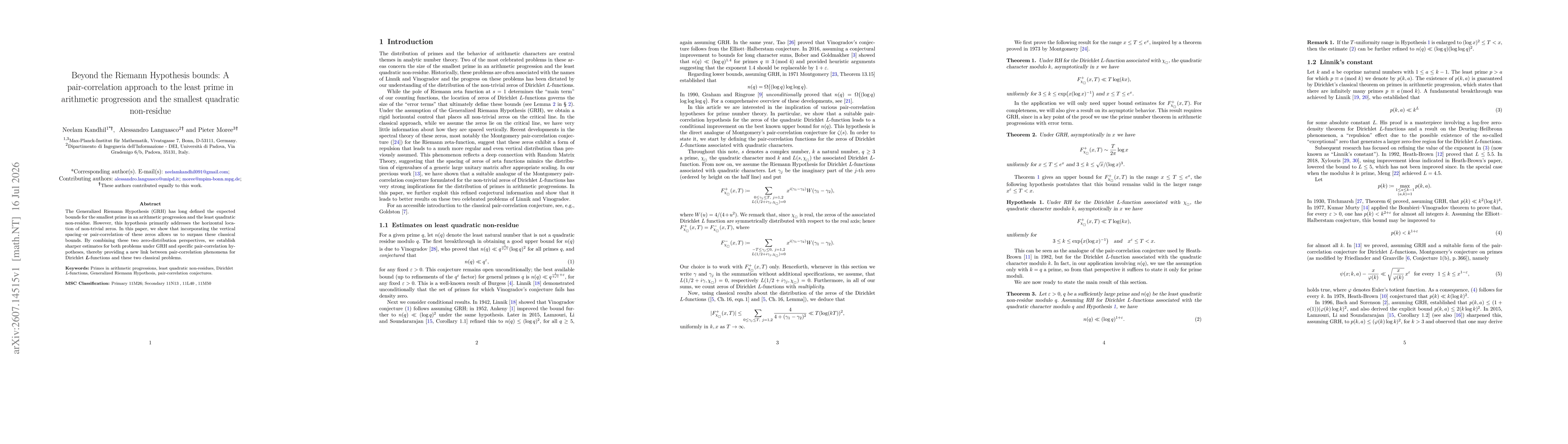 Thumbnail for Beyond the Riemann Hypothesis bounds: A pair-correlation approach to the least prime in arithmetic progression and the smallest quadratic non-residue
