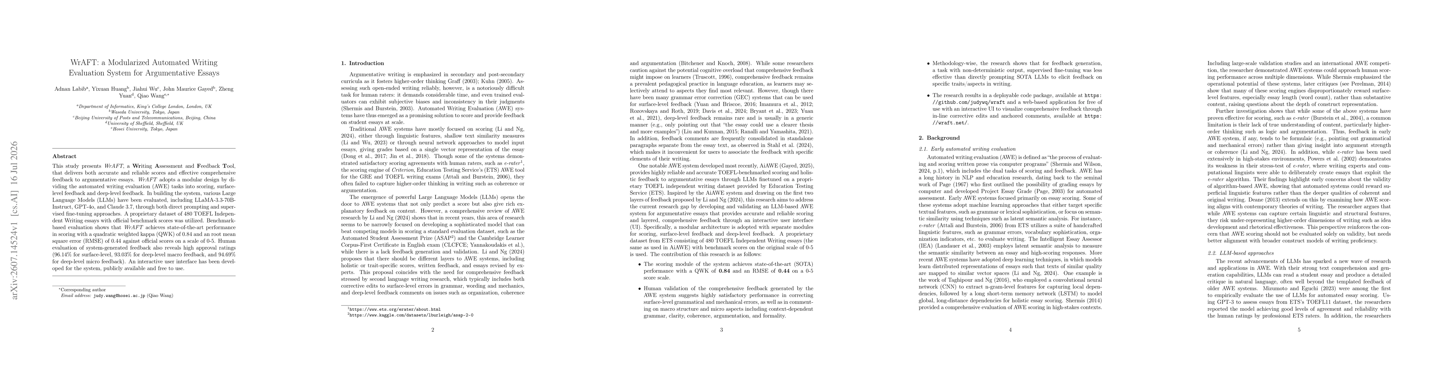 Thumbnail for WrAFT: a Modularized Automated Writing Evaluation System for Argumentative Essays