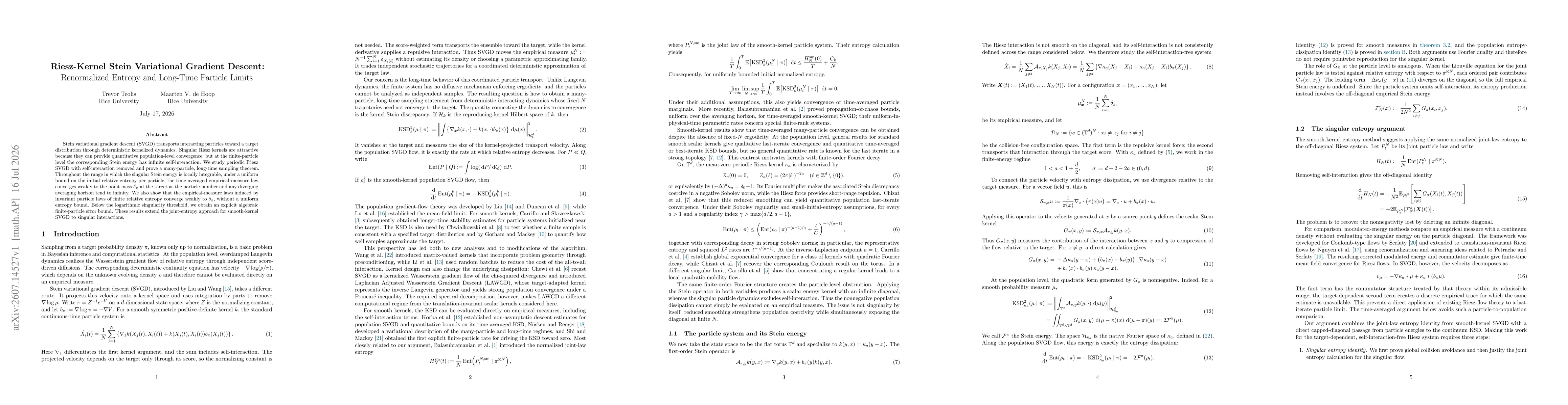 Thumbnail for Riesz-Kernel Stein Variational Gradient Descent: Renormalized Entropy and Long-Time Particle Limits