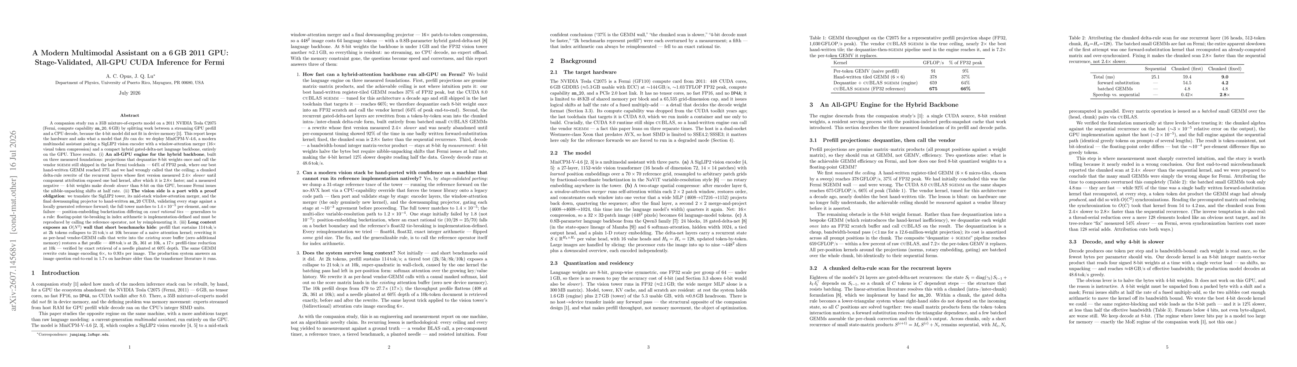 Thumbnail for A Modern Multimodal Assistant on a 6 GB 2011 GPU: Stage-Validated, All-GPU CUDA Inference for Fermi