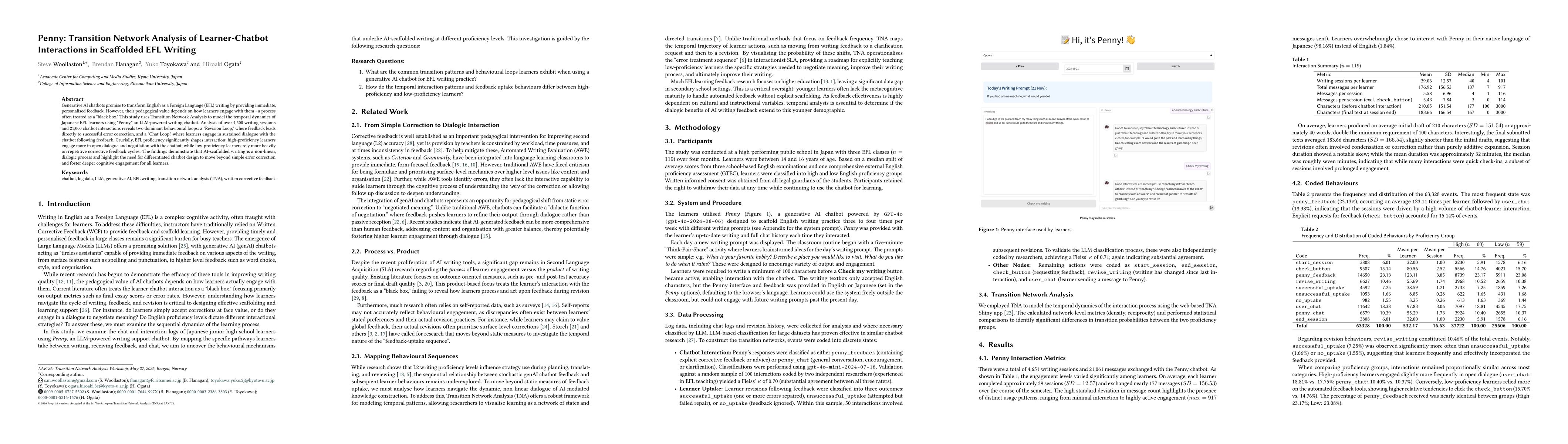 Thumbnail for Penny: Transition Network Analysis of Learner-Chatbot Interactions in Scaffolded EFL Writing