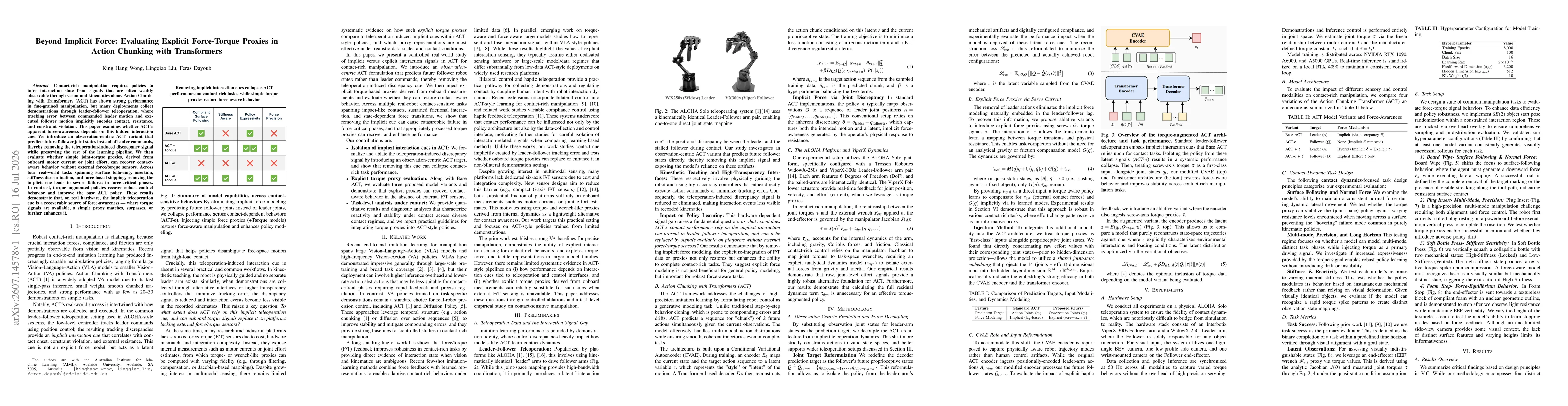 Thumbnail for Beyond Implicit Force: Evaluating Explicit Force-Torque Proxies in Action Chunking with Transformers