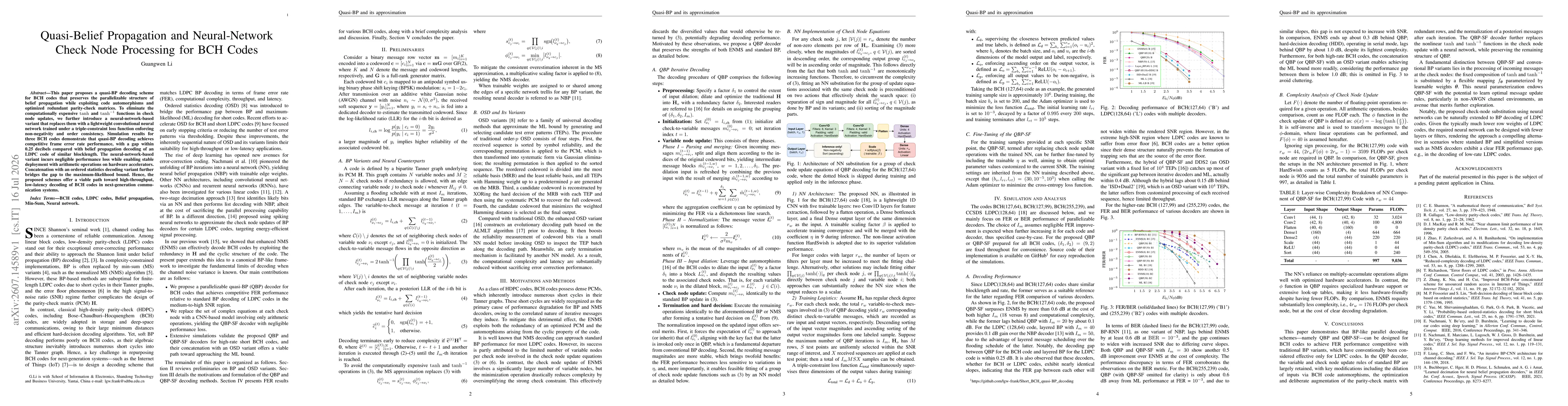 Thumbnail for Quasi-Belief Propagation and Neural-Network Check Node Processing for BCH Codes