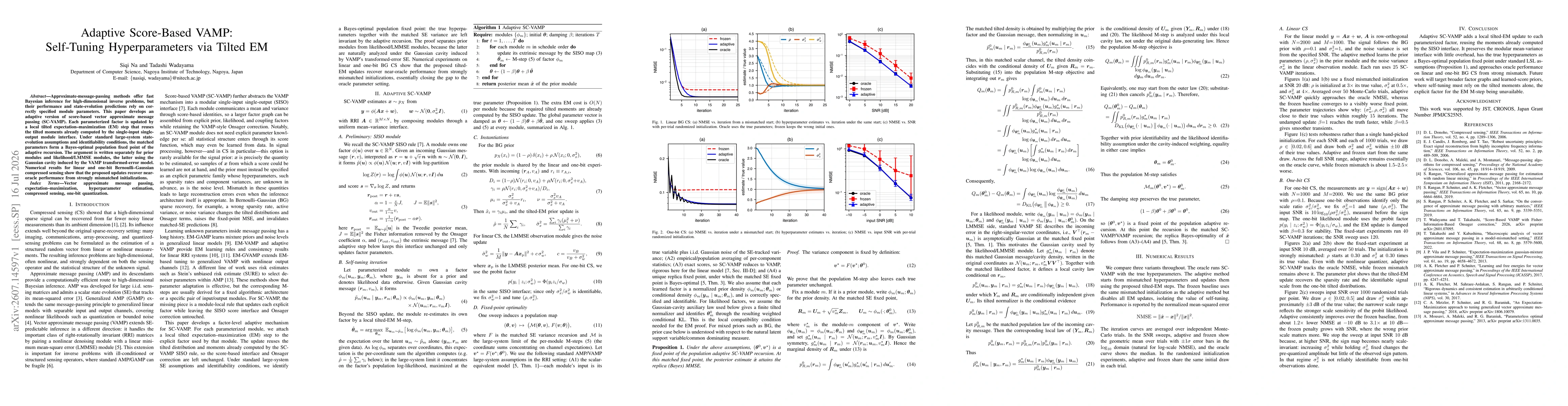 Thumbnail for Adaptive Score-Based VAMP: Self-Tuning Hyperparameters via Tilted EM