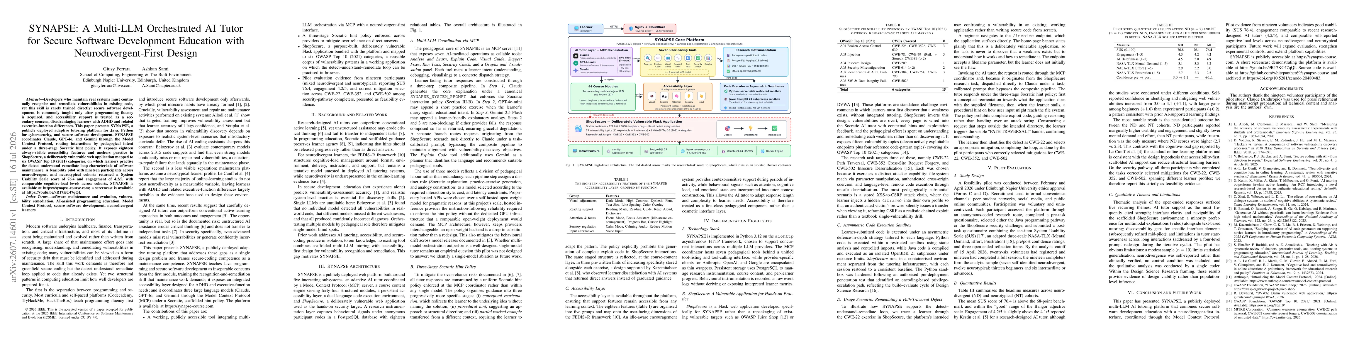 Thumbnail for SYNAPSE: A Multi-LLM Orchestrated AI Tutor for Secure Software Development Education with Neurodivergent-First Design