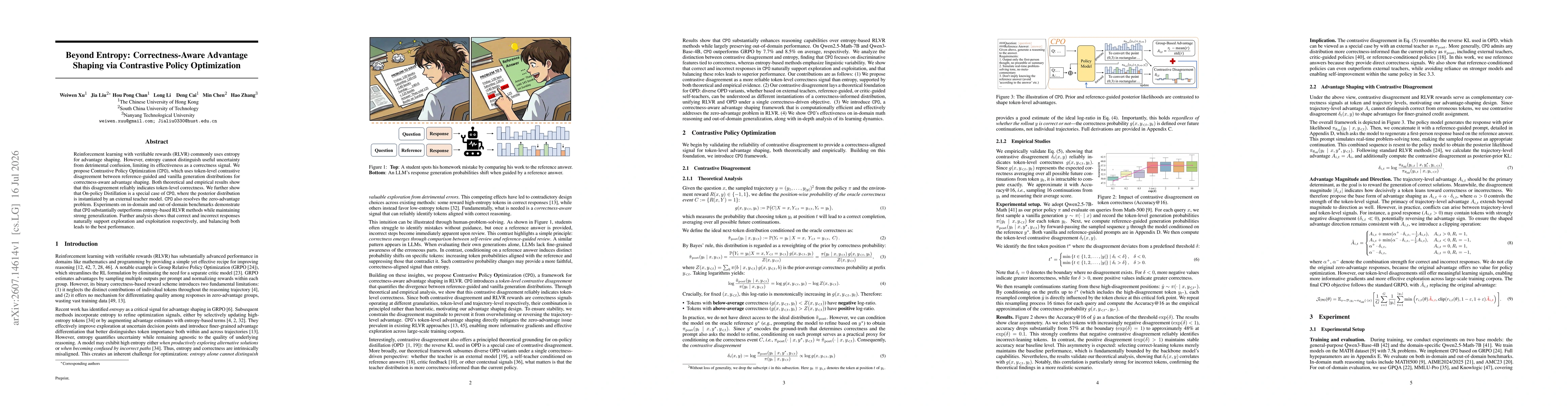 Thumbnail for Beyond Entropy: Correctness-Aware Advantage Shaping via Contrastive Policy Optimization