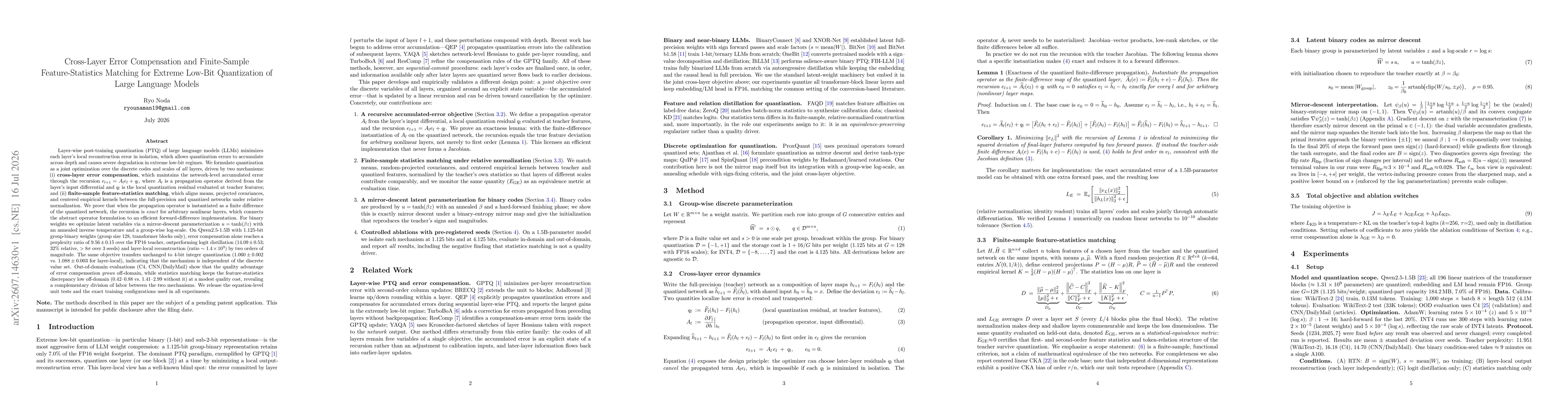 Thumbnail for Cross-Layer Error Compensation and Finite-Sample Feature-Statistics Matching for Extreme Low-Bit Quantization of Large Language Models