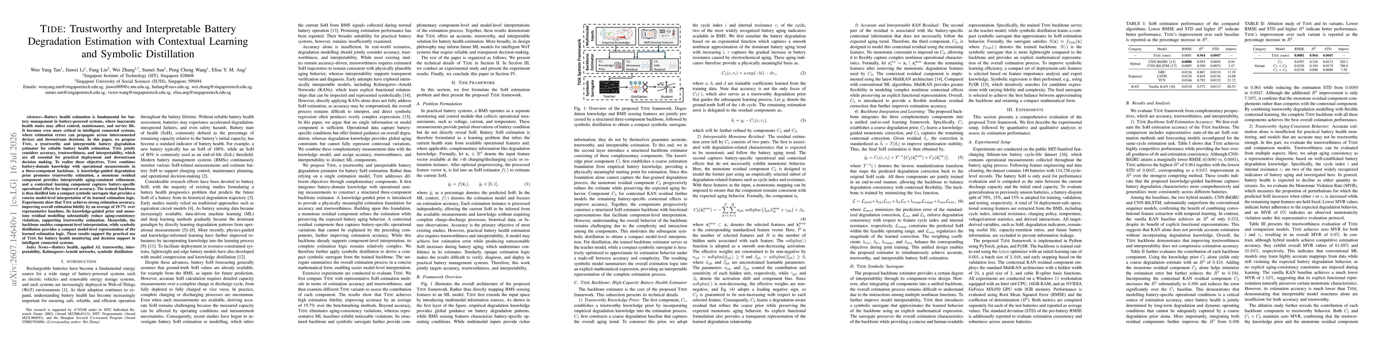 Thumbnail for TIDE: Trustworthy and Interpretable Battery Degradation Estimation with Contextual Learning and Symbolic Distillation