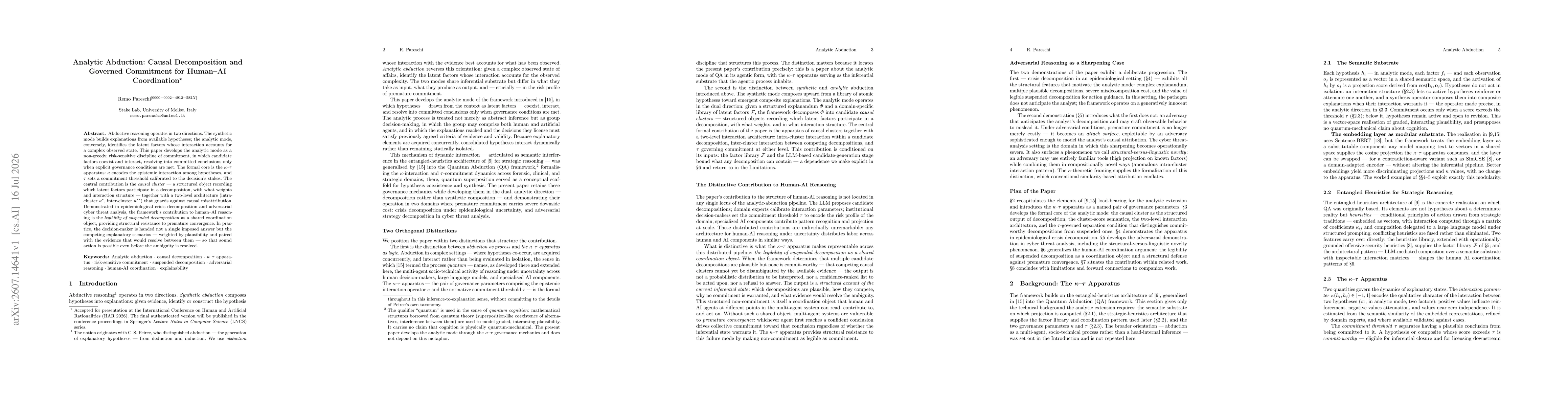 Thumbnail for Analytic Abduction: Causal Decomposition and Governed Commitment for Human--AI Coordination