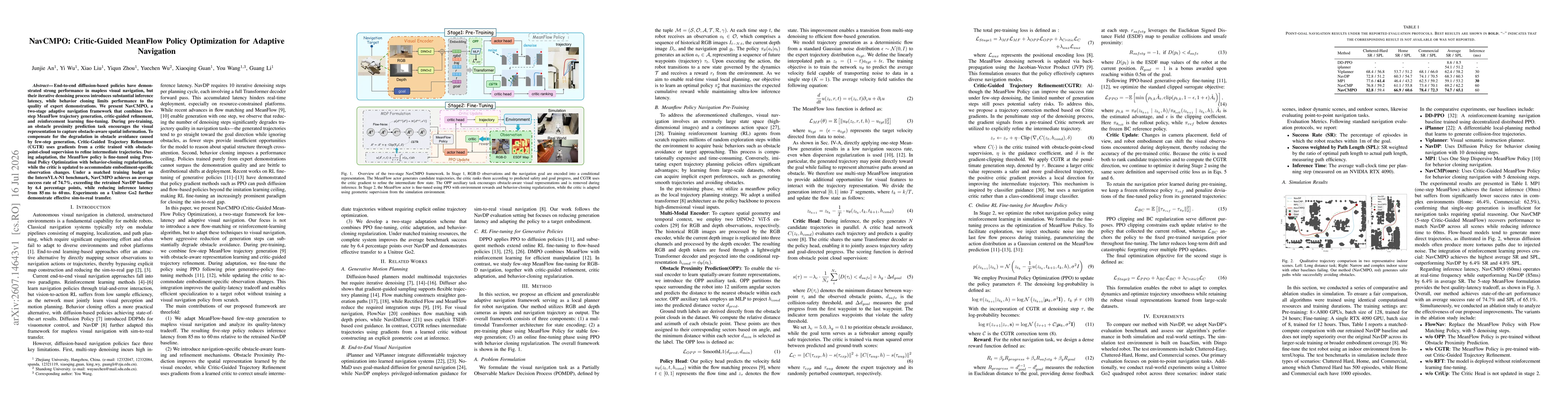 Thumbnail for NavCMPO: Critic-Guided MeanFlow Policy Optimization for Adaptive Navigation