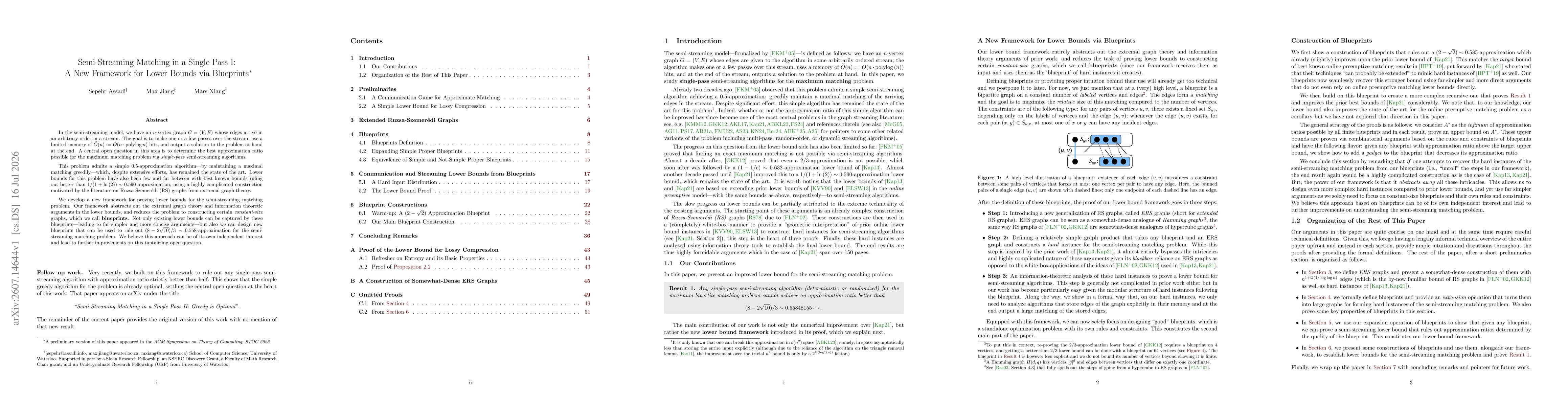Thumbnail for Semi-Streaming Matching in a Single Pass I: A New Framework for Lower Bounds via Blueprints