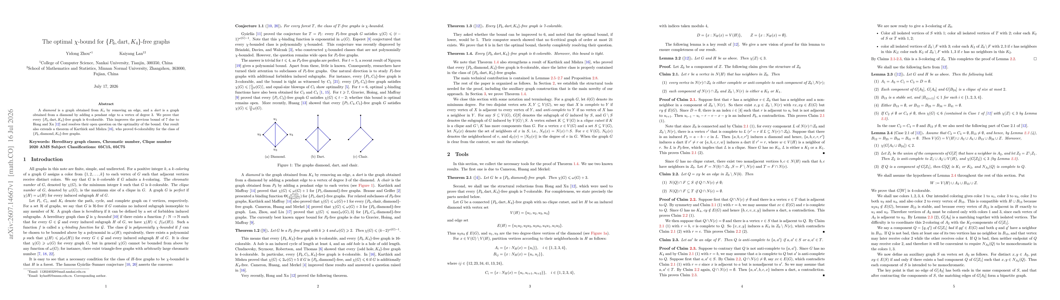 Thumbnail for The optimal $χ$-bound for $\{P_6, \text{dart}, K_4\}$-free graphs