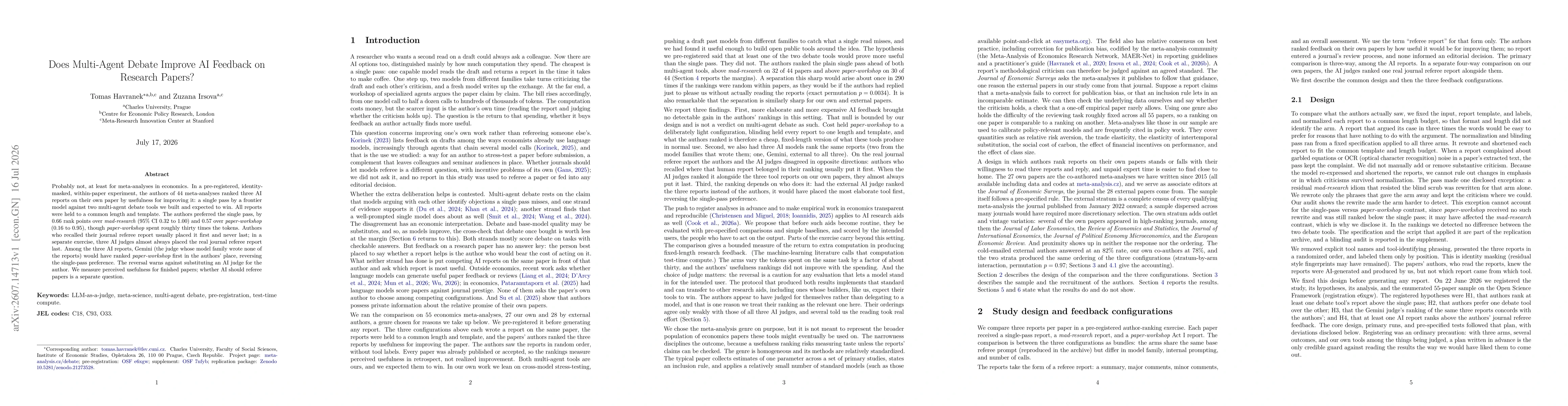 Thumbnail for Does Multi-Agent Debate Improve AI Feedback on Research Papers?