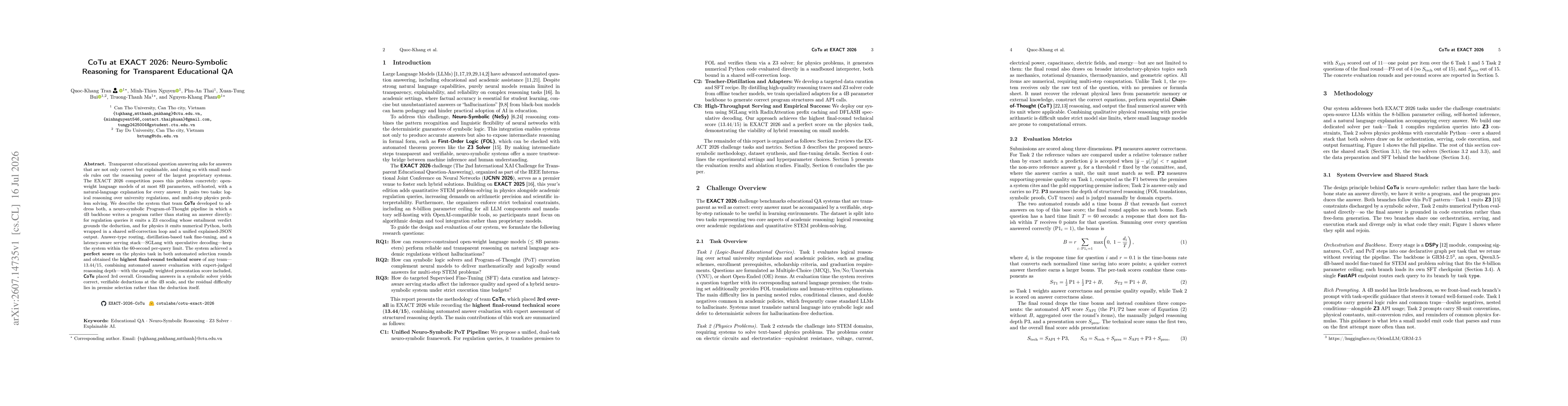 Thumbnail for CoTu at EXACT 2026: Neuro-Symbolic Reasoning for Transparent Educational QA