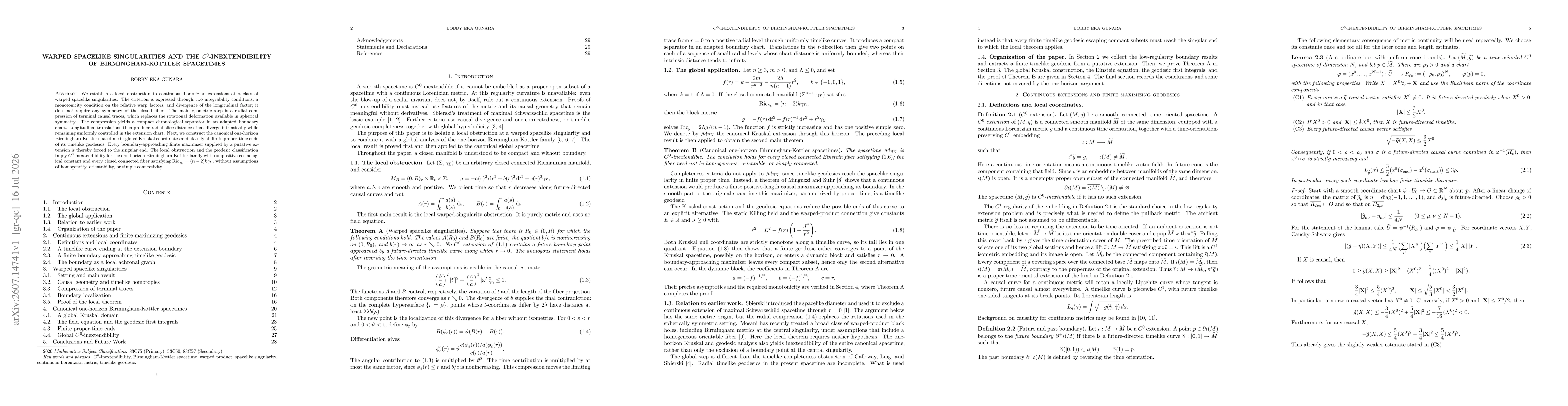 Thumbnail for Warped Spacelike Singularities and the $C^0$-Inextendibility of Birmingham-Kottler Spacetimes
