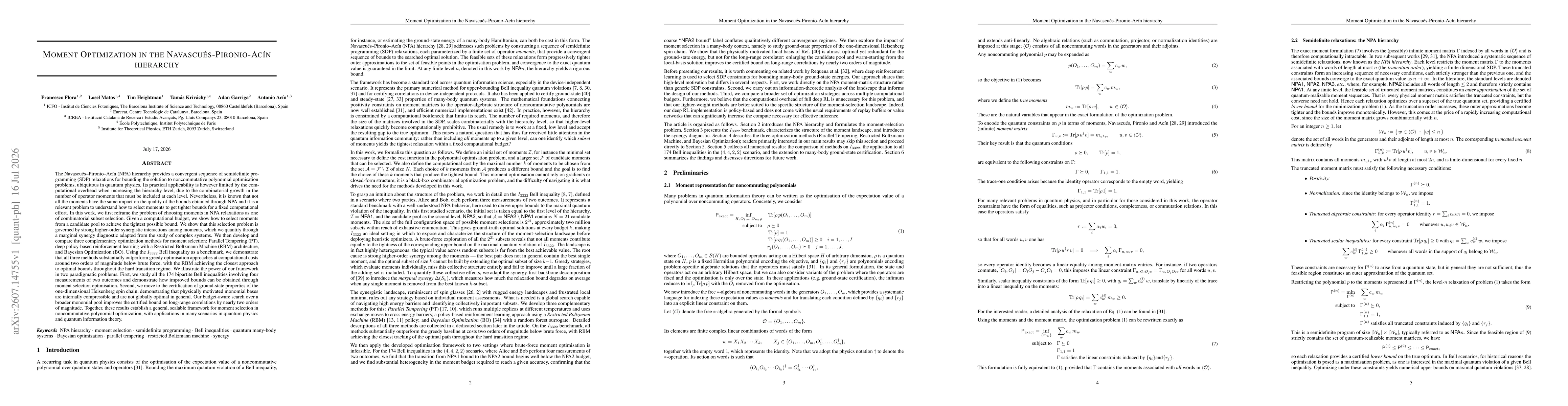 Thumbnail for Moment Optimization in the Navascués-Pironio-Acín Hierarchy
