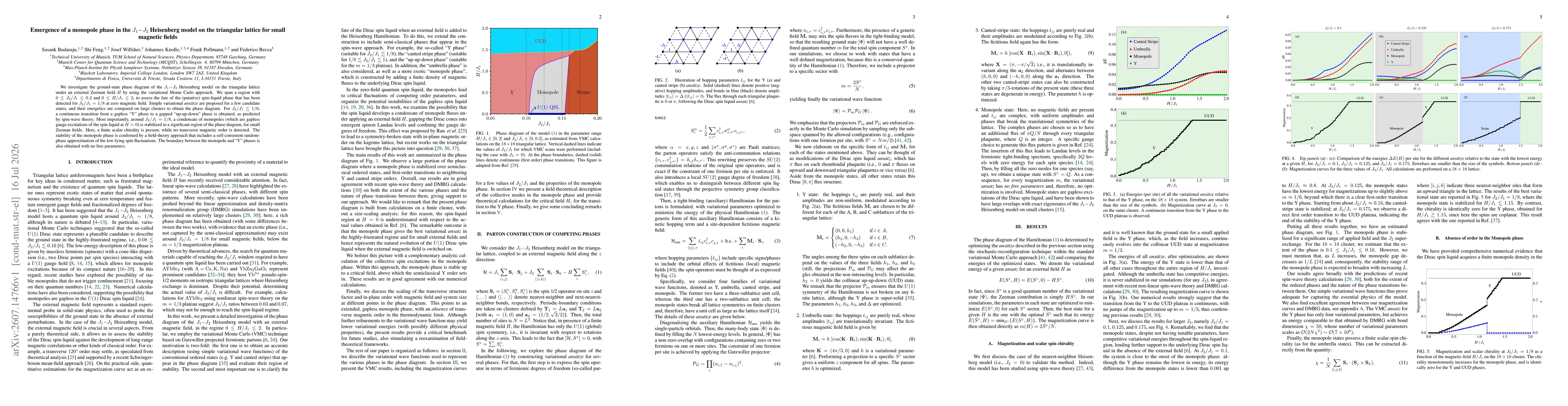 Thumbnail for Emergence of a monopole phase in the $J_1{-}J_2$ Heisenberg model on the triangular lattice for small magnetic fields