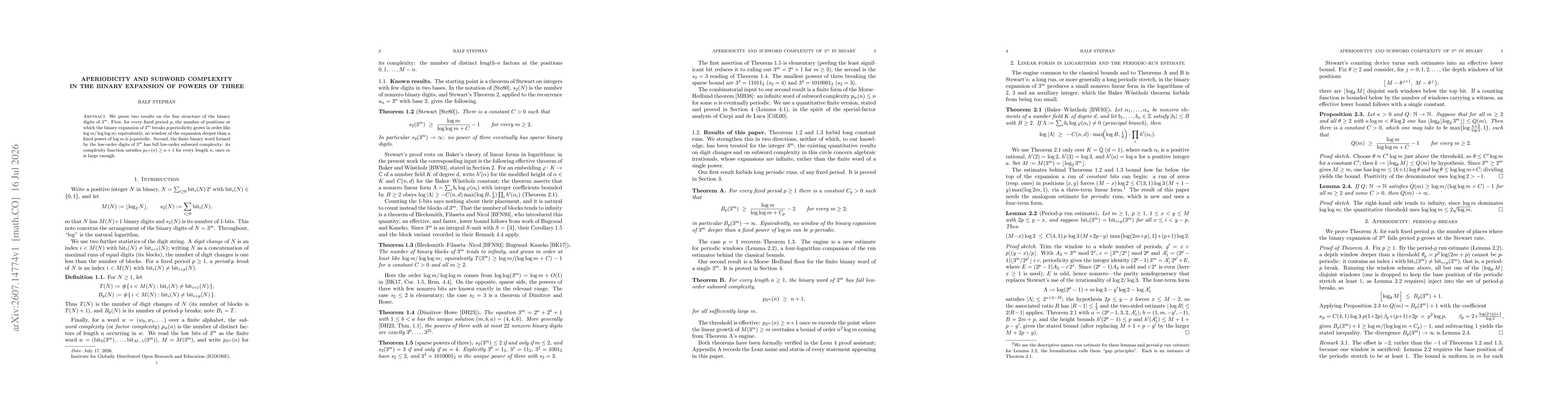 Thumbnail for Aperiodicity and subword complexity in the binary expansion of powers of three