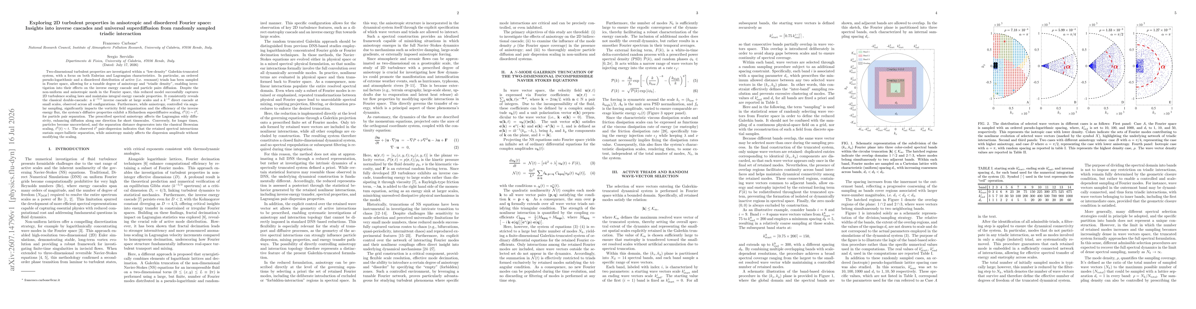 Thumbnail for Exploring 2D turbulent properties in anisotropic and disordered Fourier space: Insights into inverse cascades and universal superdiffusion from randomly sampled triadic interaction