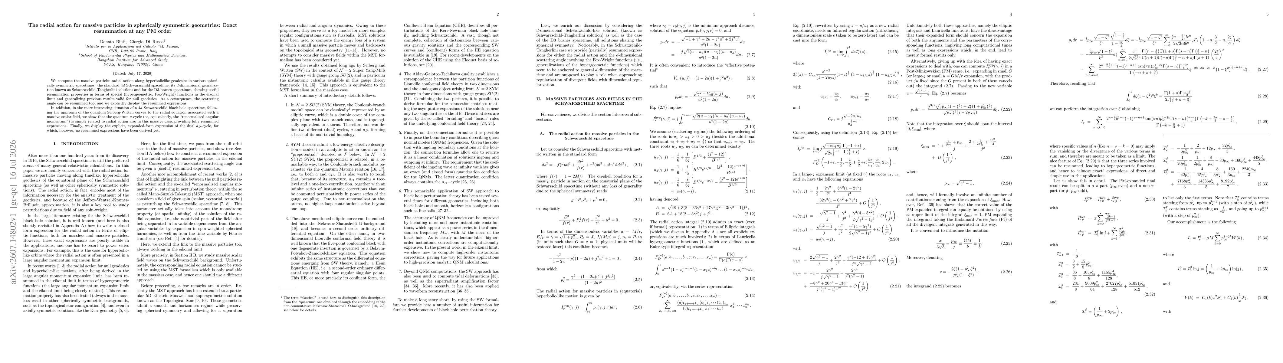 Thumbnail for The radial action for massive particles in spherically symmetric geometries: Exact resummation at any PM order