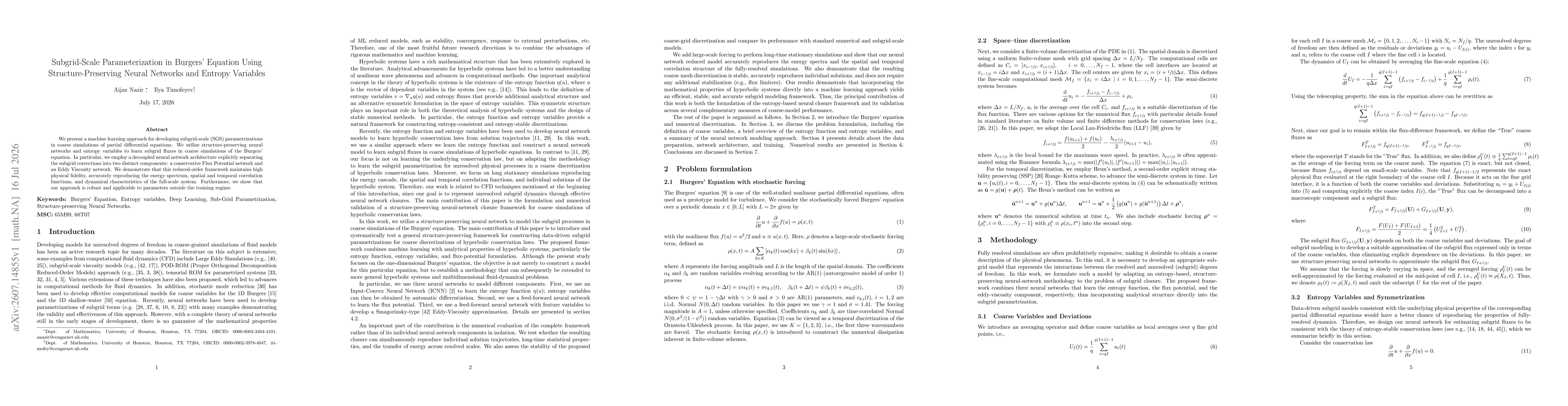 Thumbnail for Subgrid-Scale Parameterization in Burgers' Equation Using Structure-Preserving Neural Networks and Entropy Variables