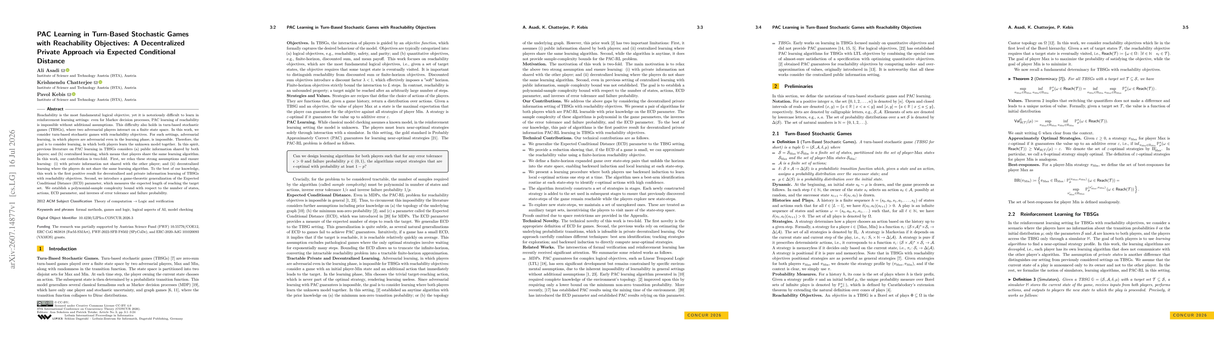 Thumbnail for PAC Learning in Turn-Based Stochastic Games with Reachability Objectives: A Decentralized Private Approach via Expected Conditional Distance