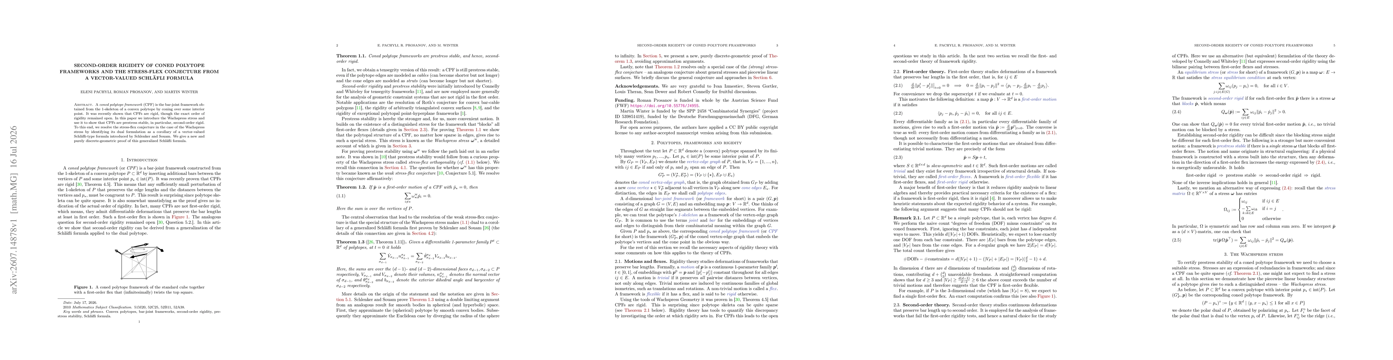 Thumbnail for Second-order rigidity of coned polytope frameworks and the stress-flex conjecture from a vector-valued Schläfli formula