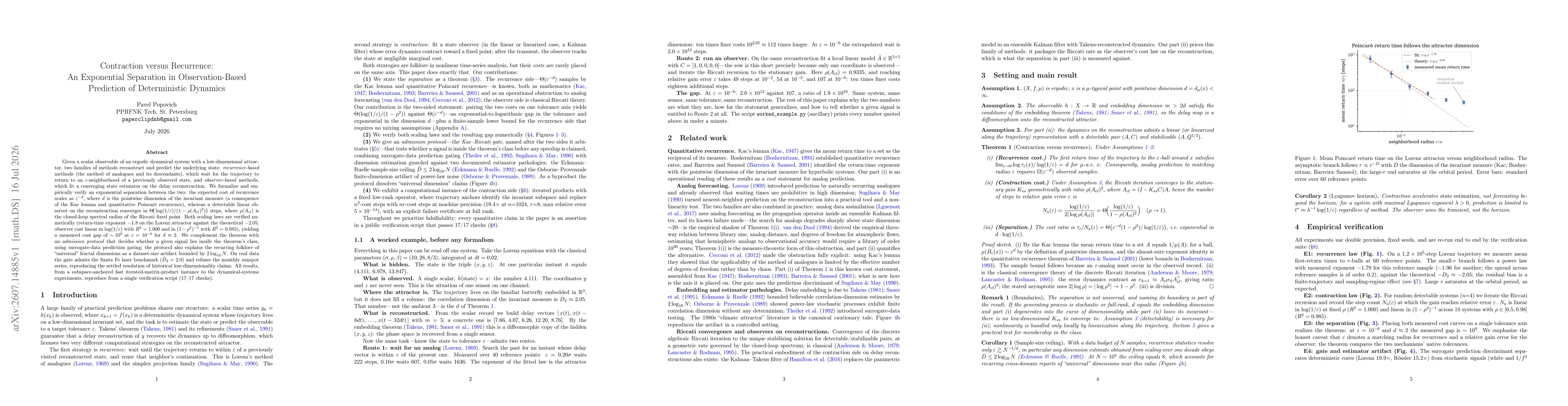 Thumbnail for Contraction versus Recurrence: An Exponential Separation in Observation-Based Prediction of Deterministic Dynamics