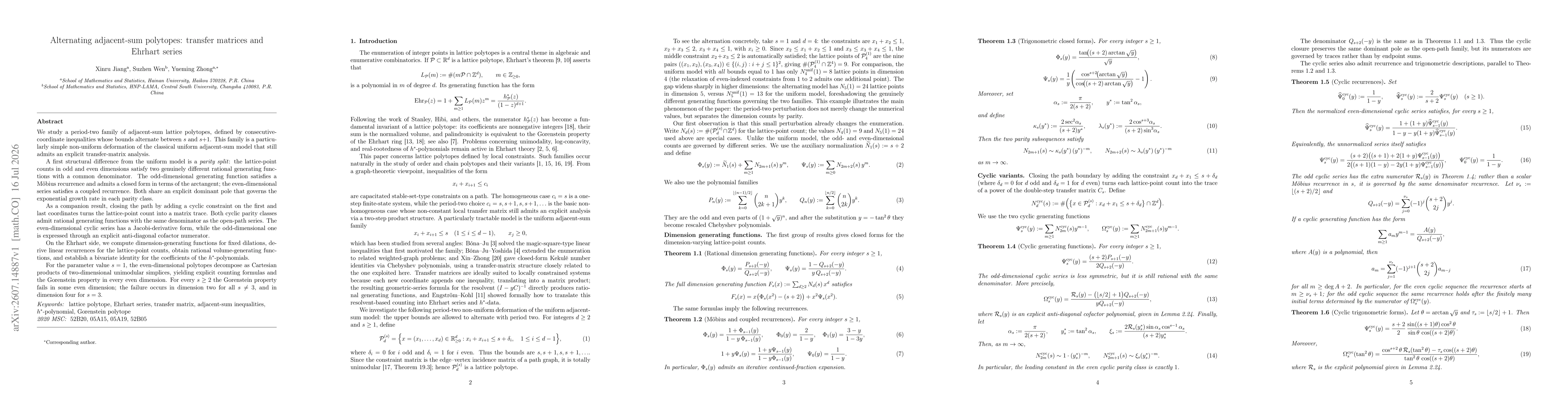 Thumbnail for Alternating adjacent-sum polytopes: transfer matrices and Ehrhart series
