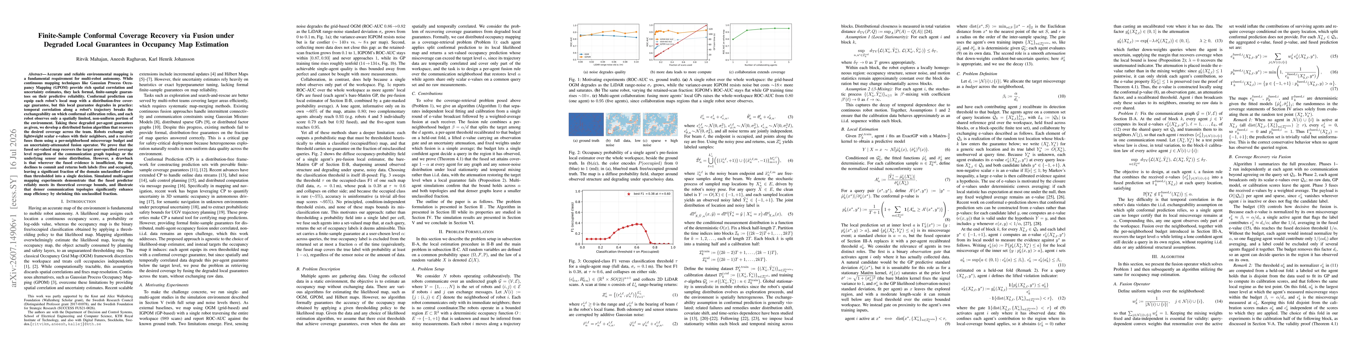 Thumbnail for Finite-Sample Conformal Coverage Recovery via Fusion under Degraded Local Guarantees in Occupancy Map Estimation