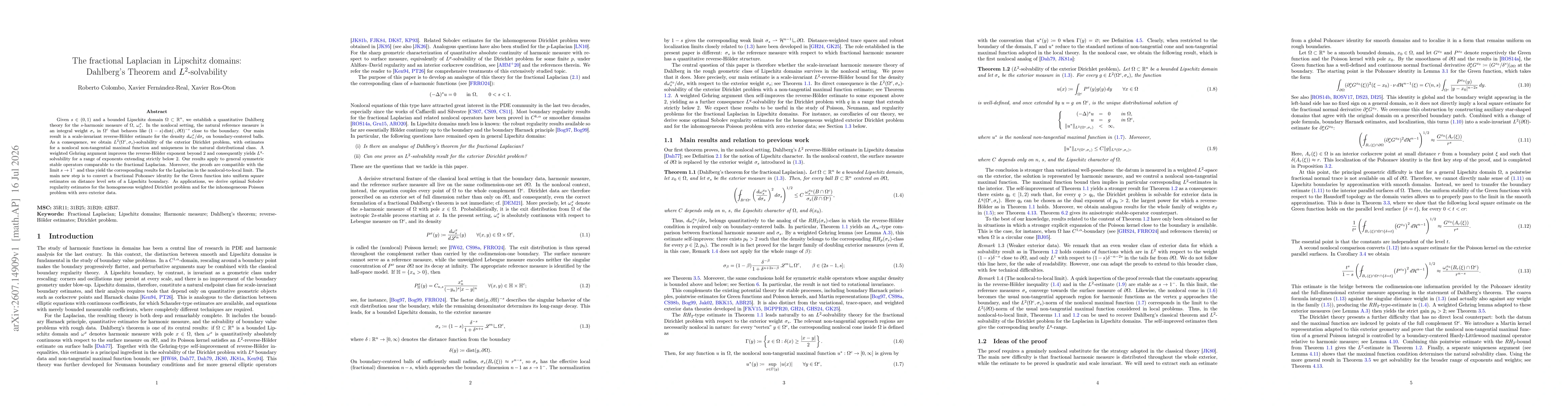 Thumbnail for The fractional Laplacian in Lipschitz domains: Dahlberg's Theorem and $L^{2}$-solvability