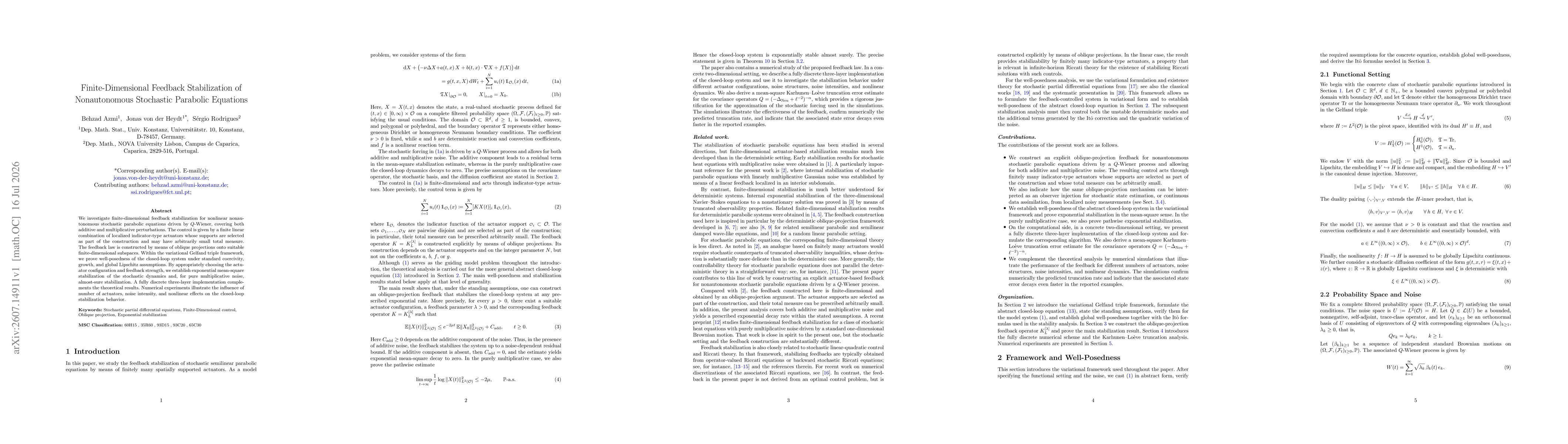 Thumbnail for Finite-Dimensional Feedback Stabilization of Nonautonomous Stochastic Parabolic Equations
