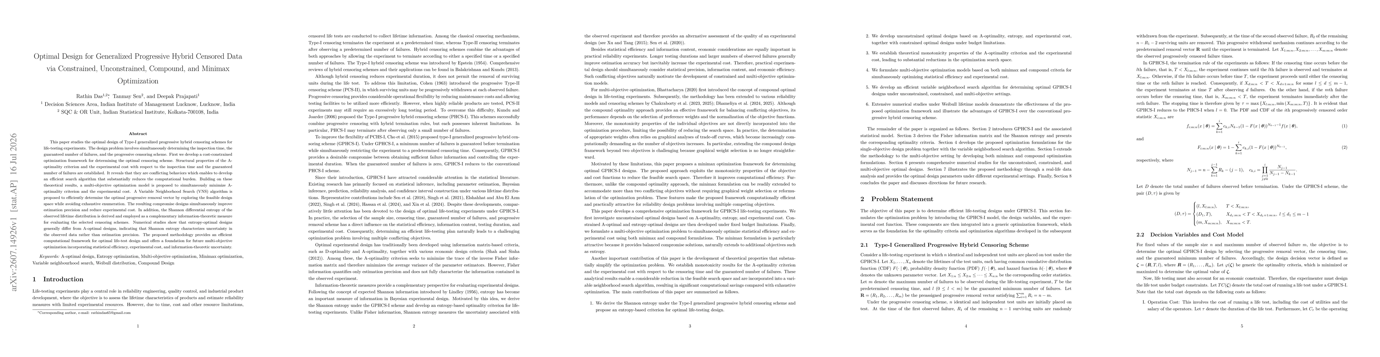 Thumbnail for Optimal Design for Generalized Progressive Hybrid Censored Data via Constrained, Unconstrained, Compound, and Minimax Optimization
