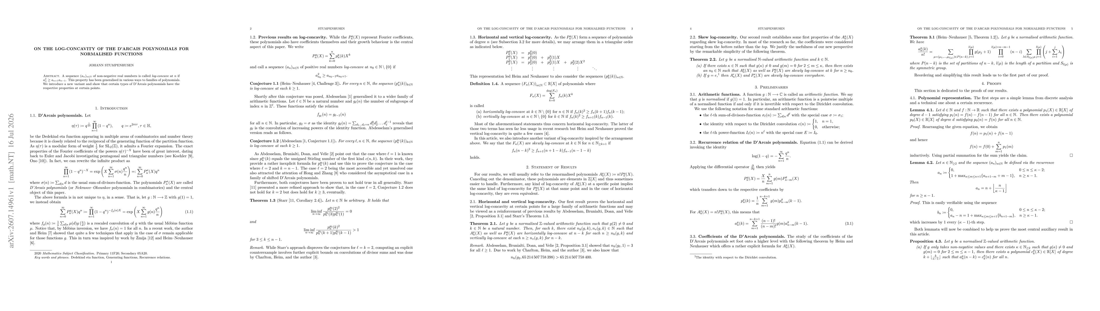 Thumbnail for On the Log-Concavity of the D'Arcais Polynomials for Normalised Functions